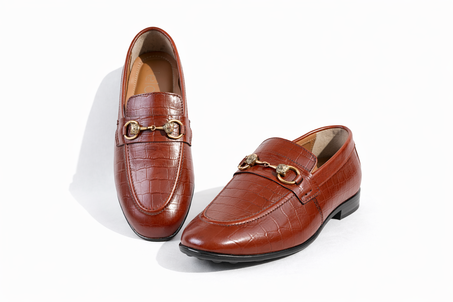 Kleio Croc-Embossed Horsebit Loafers – Cognac Brown